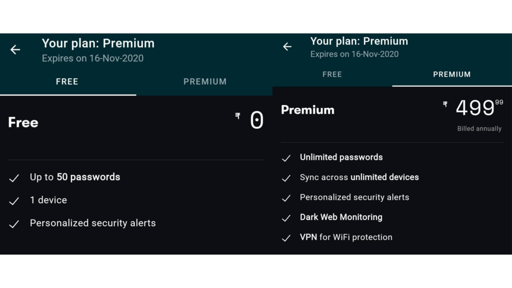 Dashlane plans comparison.